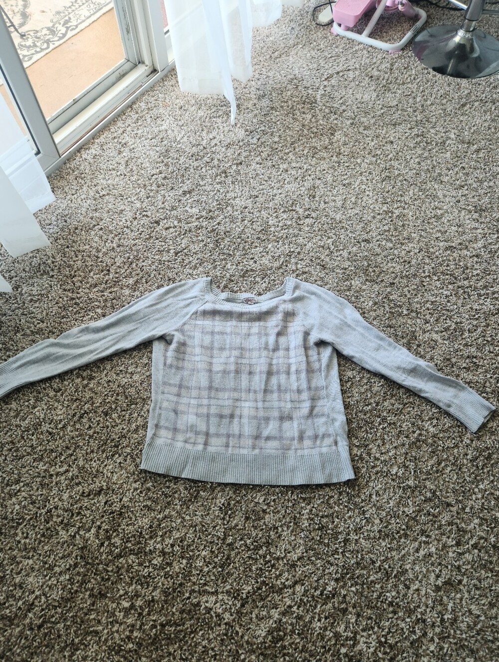 Merona Light Gray Plaid-Front Scoop Neck Sweater